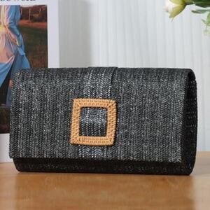 Woven Straw Clutch Purse Rattan Beach Evening Handbag Women Black